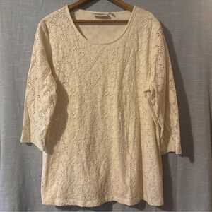 Norm Thompson Blouse With Lace 3/4 Sleeve Pullover Cream Women’s Sz 1X
